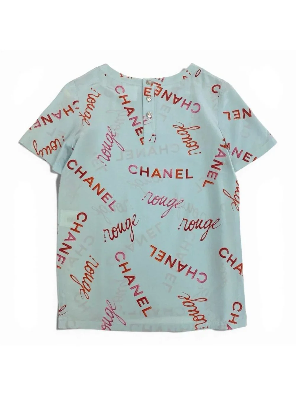 Chanel Vintage Logo Print Silk Blouse Short Sleeve 36 Blue Top
